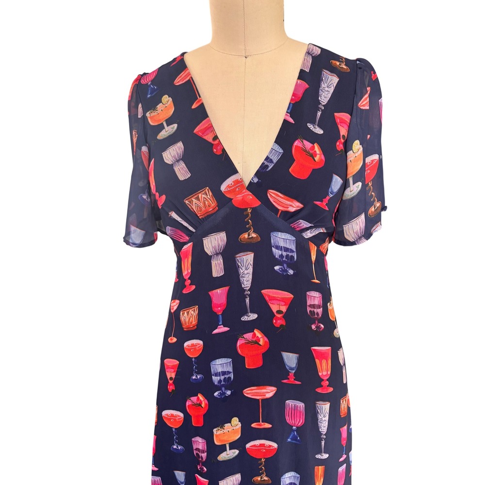 Cocktail Novelty Print Tiki Lisa Says Gah Grace Dress Midi Flutter Sleeve S Navy - Picture 5 of 10